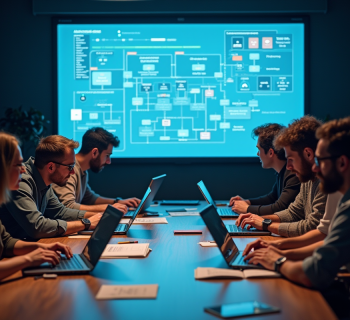 Groupe de développeurs collaborant autour d'une table avec diagrammes API