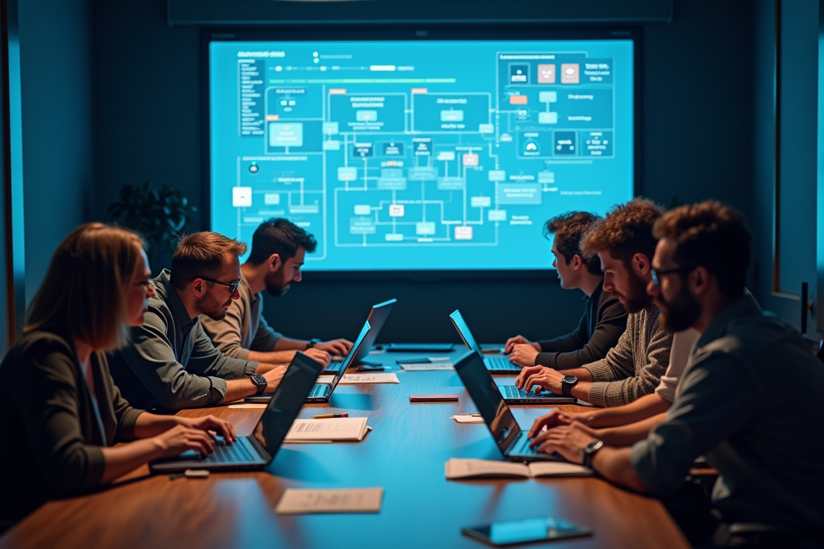 Groupe de développeurs collaborant autour d'une table avec diagrammes API