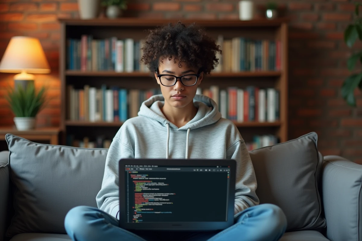 Développeuse web déboguant une erreur de formulaire HTML avec les outils développeur sur un laptop à domicile