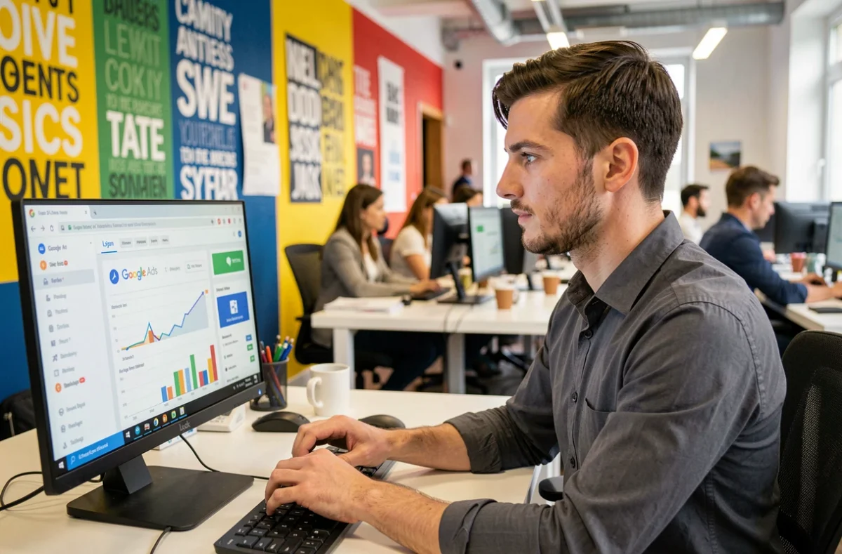 Expert en acquisition digitale de Digitalissim configurant des campagnes Google Ads et réseaux sociaux dans une agence web dynamique