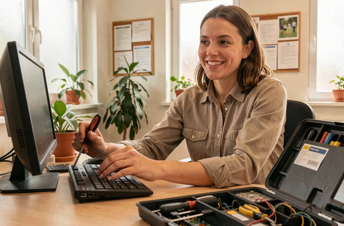 Spécialiste IT de proximité effectuant une maintenance matérielle dans un bureau de petite entreprise à Saint-Priest pour Dirra