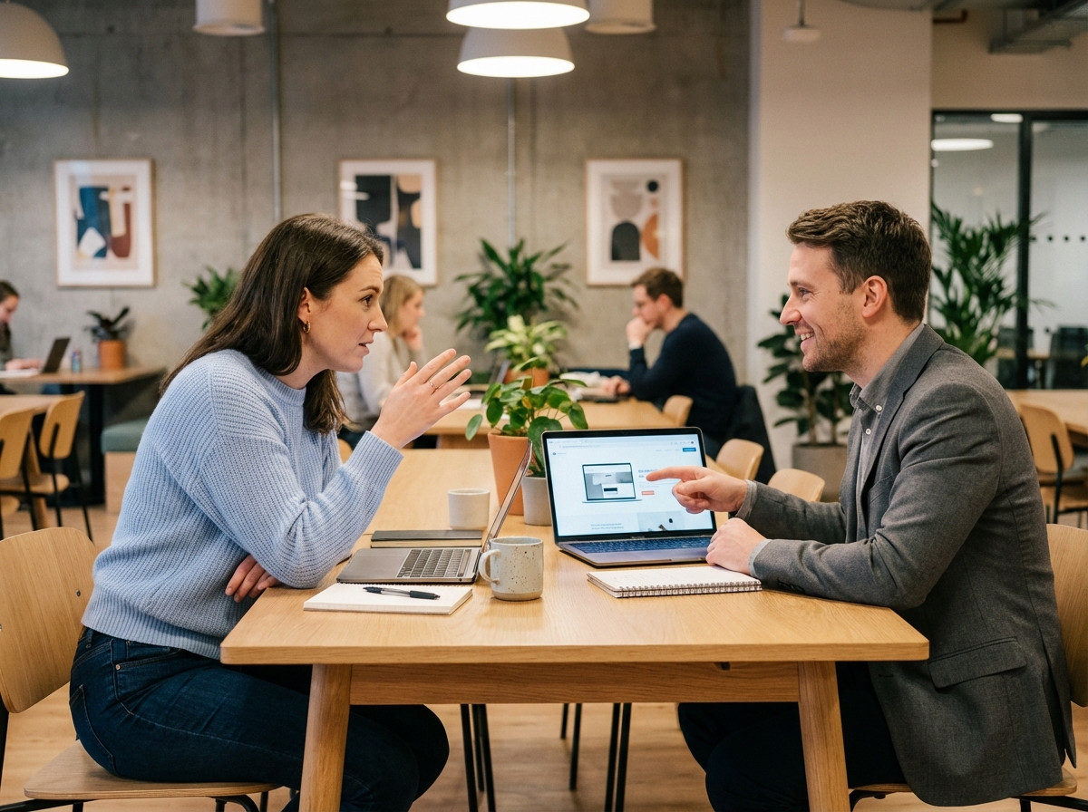 Femme et homme discutant de maintenance de site dans un espace de coworking