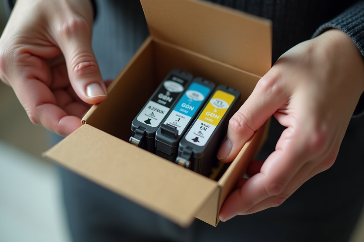 Mains ouvrant une boîte de cartouches E603XLB et CLXL en gros plan