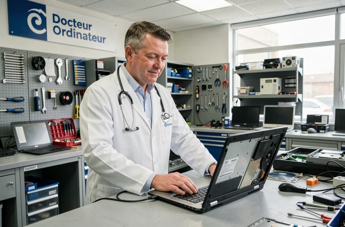 Technicien de Docteur Ordinateur en blouse blanche réparant un ordinateur portable sur son comptoir de service