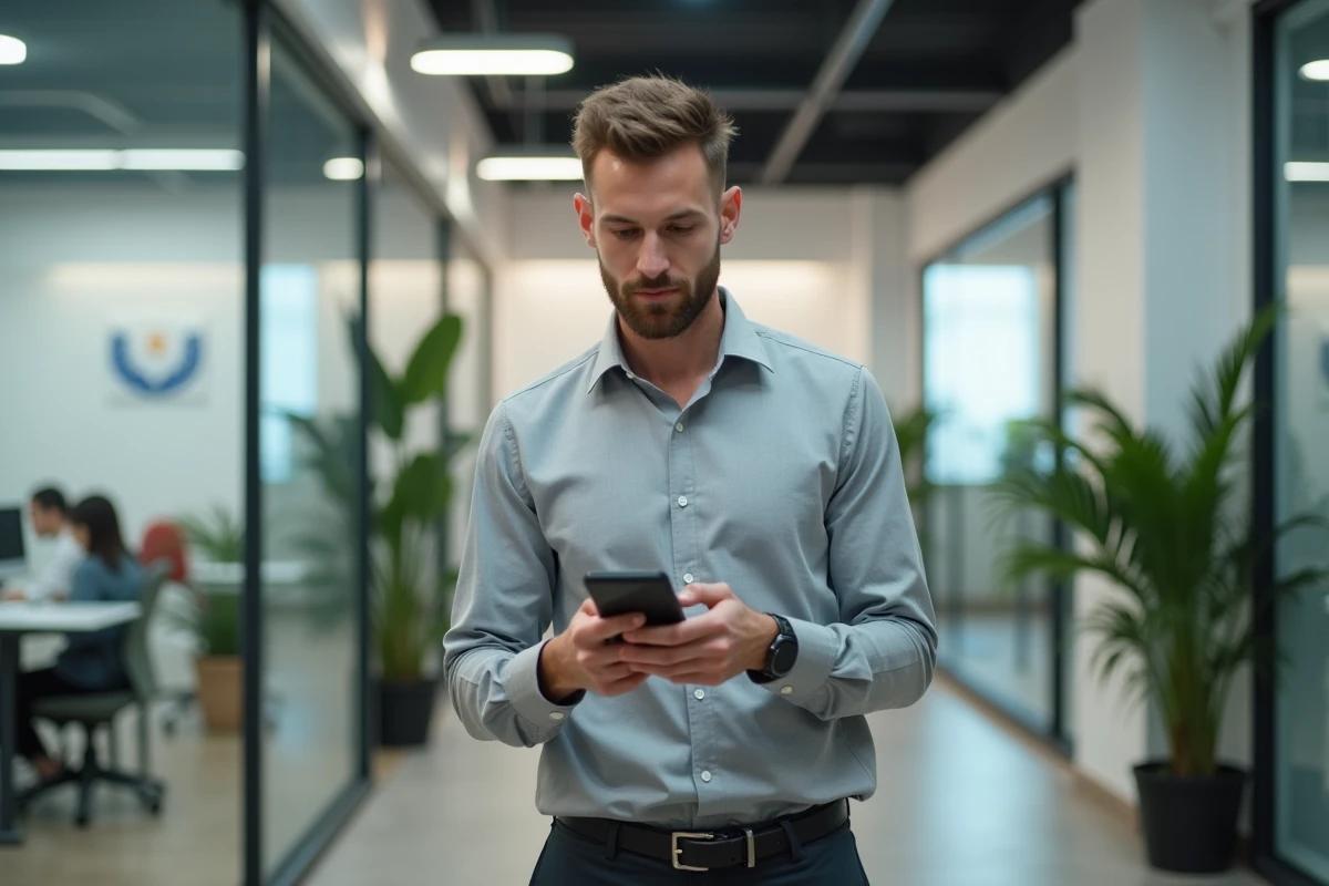 Employé universitaire validant une connexion sécurisée par double authentification sur smartphone dans un campus