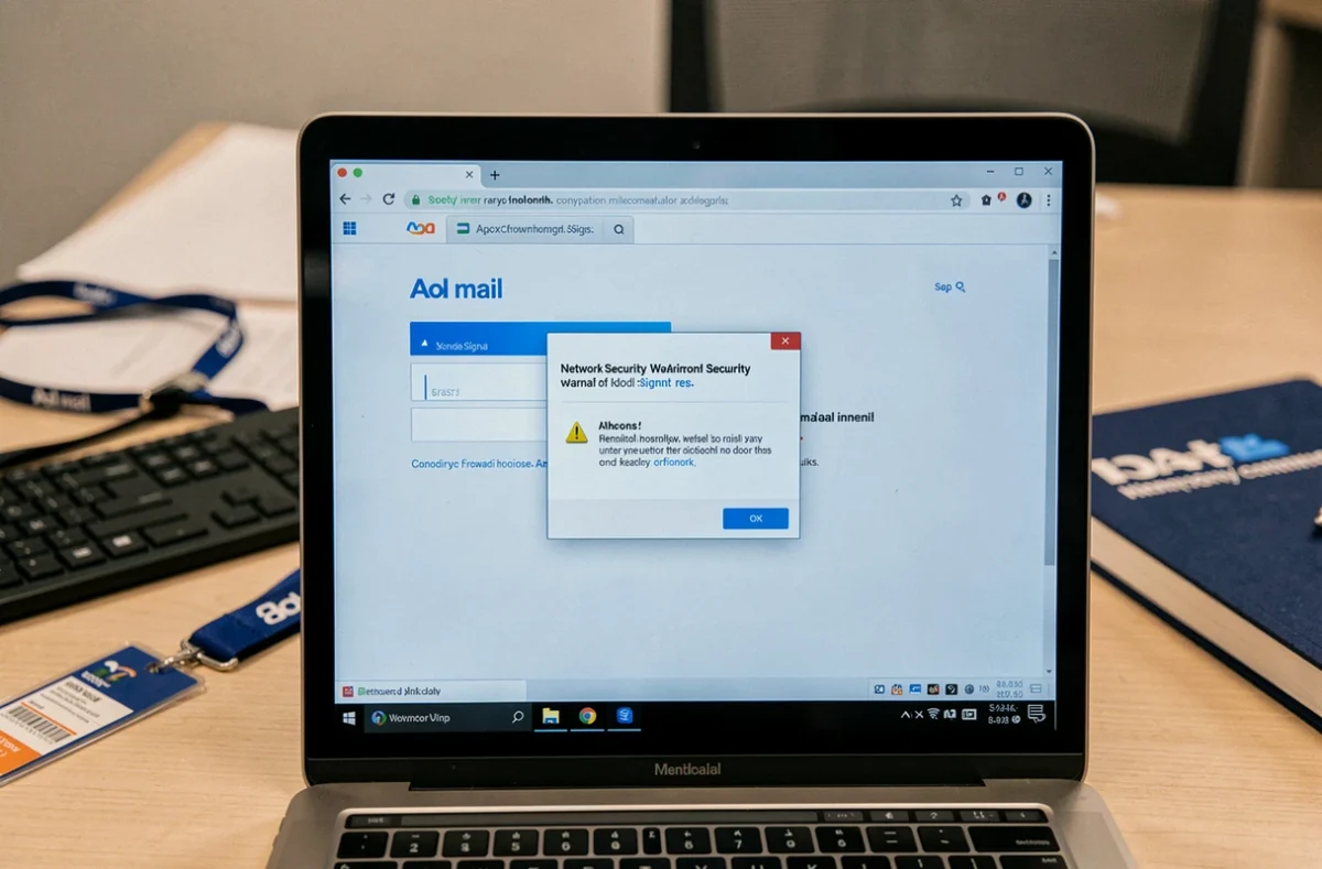 Gros plan sur un écran d'ordinateur affichant la page de connexion AOL webmail bloquée par un pare-feu d'entreprise