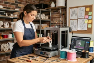 Femme entrepreneur retirant une pièce imprimée en 3D de son imprimante FDM dans un atelier artisanal à domicile