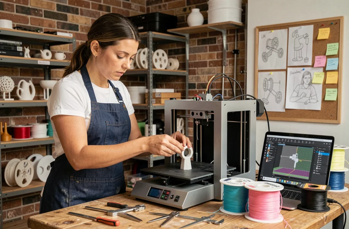 Femme entrepreneur retirant une pièce imprimée en 3D de son imprimante FDM dans un atelier artisanal à domicile