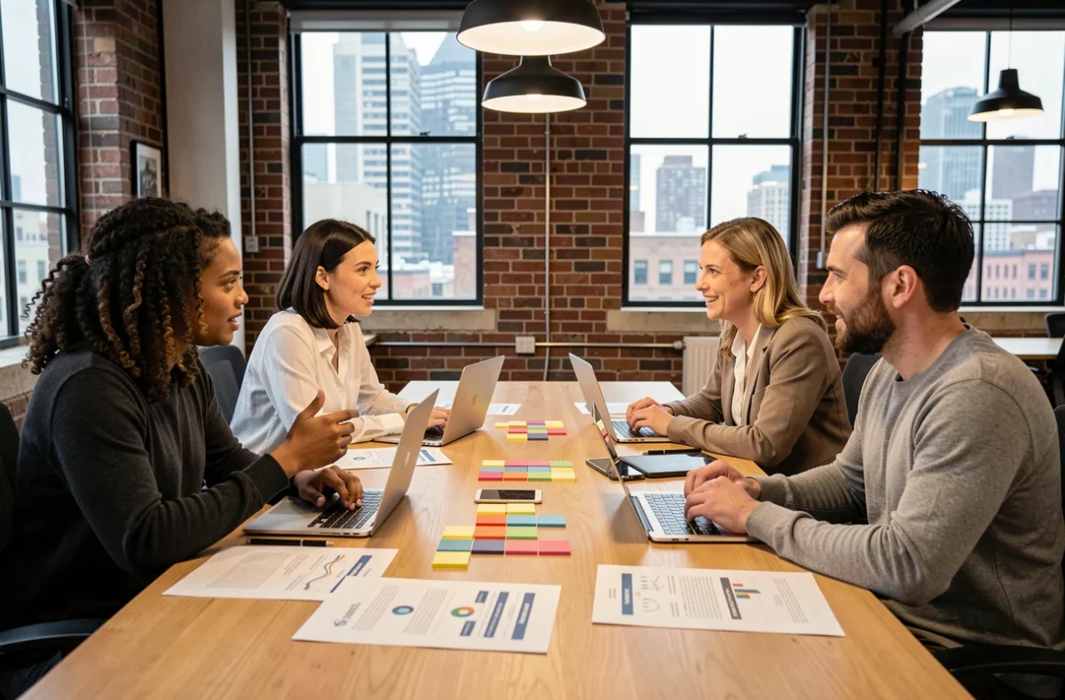 Équipe pluridisciplinaire en atelier de définition des cas d'usage métier autour d'une table de travail dans un espace de coworking