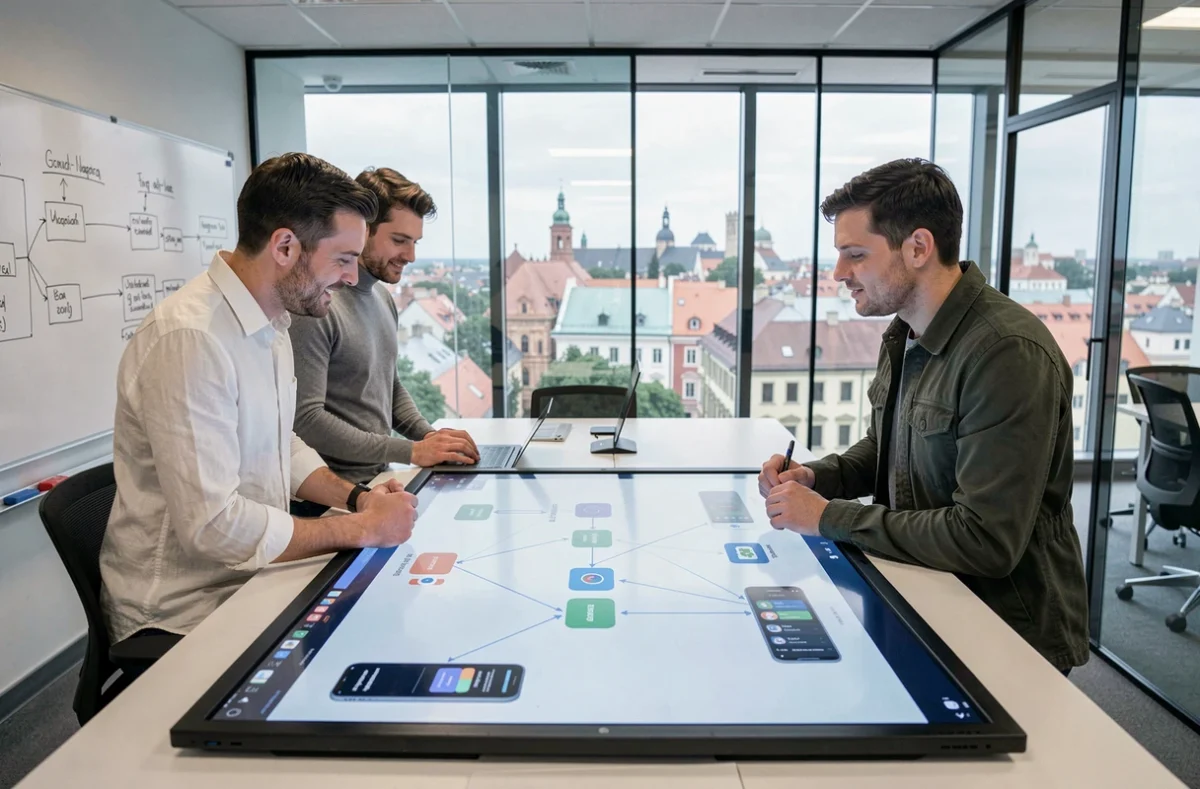 Équipe de développeurs roumains collaborant sur l'architecture d'une application mobile multiplateforme iOS et Android