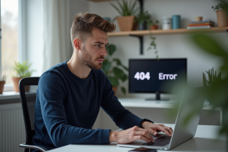 Jeune homme frustré devant un ordinateur avec erreur 404