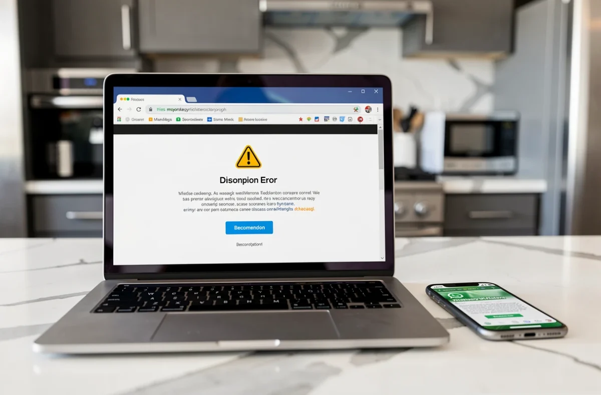 Ordinateur portable affichant une erreur de déconnexion WhatsApp Web posé sur un comptoir de cuisine à côté d'un smartphone