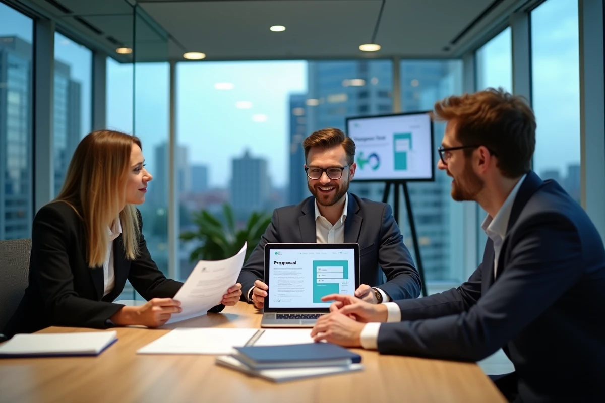 Une équipe de trois professionnels en réunion dans une salle vitrée examine une proposition de services d'une ESN avec des documents imprimés et un ordinateur portable