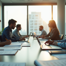 Bureau professionnel avec collaborateurs travaillant sur un grand bureau