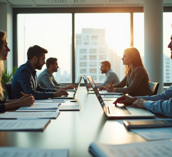 Bureau professionnel avec collaborateurs travaillant sur un grand bureau