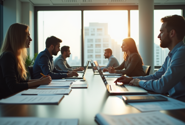 Bureau professionnel avec collaborateurs travaillant sur un grand bureau
