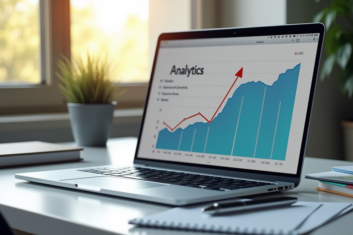 Espace de travail professionnel avec ordinateur et graphique de croissance