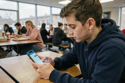 Étudiant configurant la messagerie Grenoble INP sur son smartphone Android dans une cafétéria universitaire