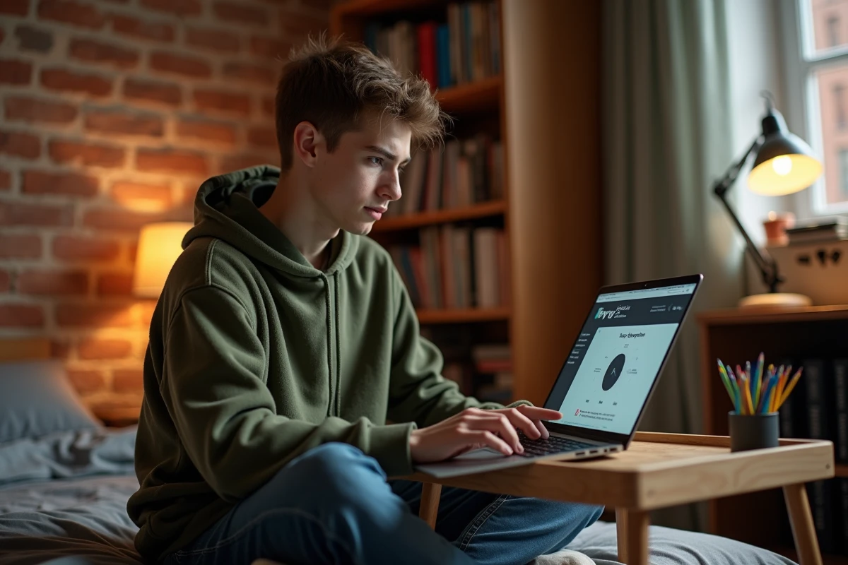 Étudiant adolescent mesurant sa vitesse de frappe sur un clavier d'ordinateur portable dans une chambre confortable