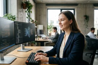 Étudiante en alternance spécialisée en intelligence artificielle travaillant sur du code dans un campus numérique moderne