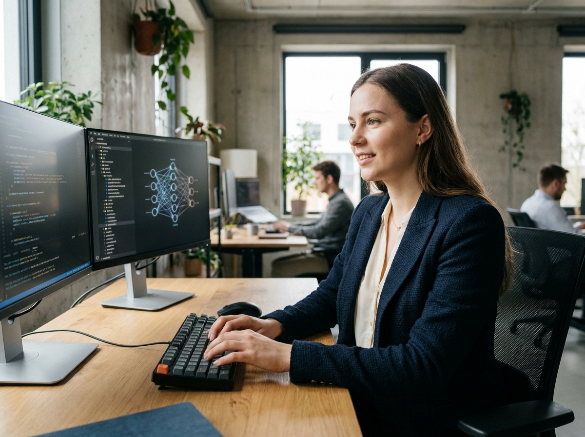 Étudiante en alternance spécialisée en intelligence artificielle travaillant sur du code dans un campus numérique moderne