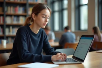 Étudiante connectée à sa messagerie universitaire AgroParisTech sur un laptop dans une bibliothèque moderne