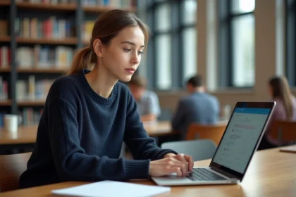 Étudiante connectée à sa messagerie universitaire AgroParisTech sur un laptop dans une bibliothèque moderne