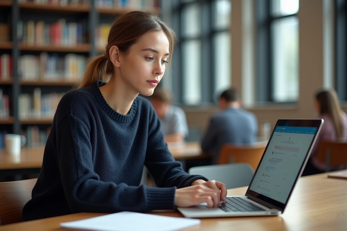 Étudiante connectée à sa messagerie universitaire AgroParisTech sur un laptop dans une bibliothèque moderne