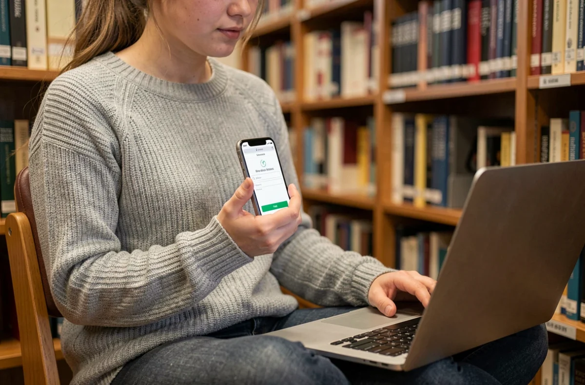 Étudiante accédant au webmail Grenoble INP sur iPhone dans une bibliothèque universitaire