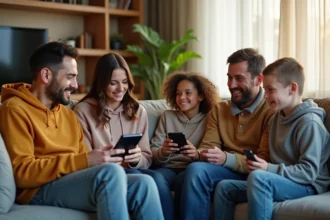 Famille réunie dans le salon autour d'une télévision connectée et d'applications multi-écrans SFR sur smartphones et tablettes