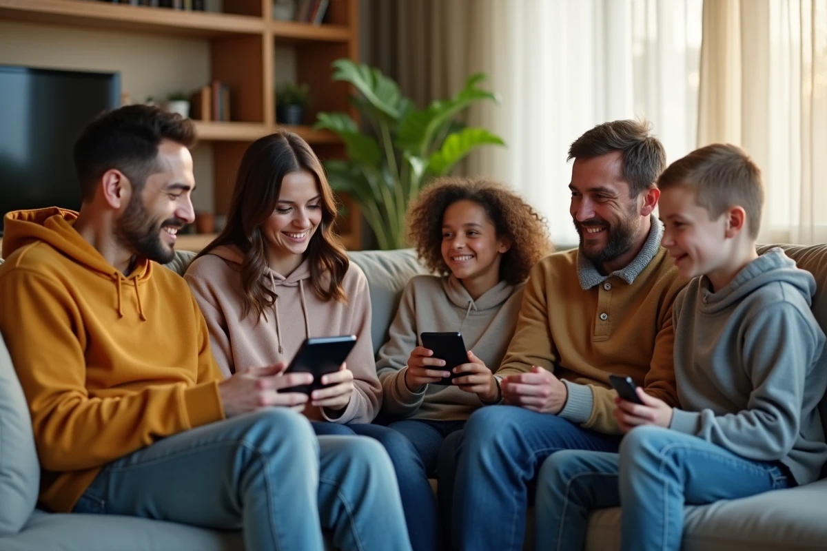 Famille réunie dans le salon autour d'une télévision connectée et d'applications multi-écrans SFR sur smartphones et tablettes