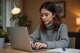 Femme ajoutant un favori sur son ordinateur portable dans un bureau à domicile moderne et chaleureux