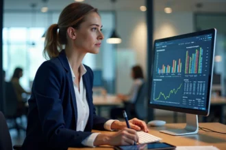 Femme analyste assise à son bureau consultant un tableau Excel de moyenne pondérée pour l'analyse des ventes