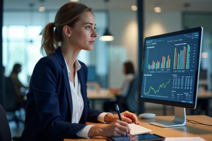 Femme analyste assise à son bureau consultant un tableau Excel de moyenne pondérée pour l'analyse des ventes