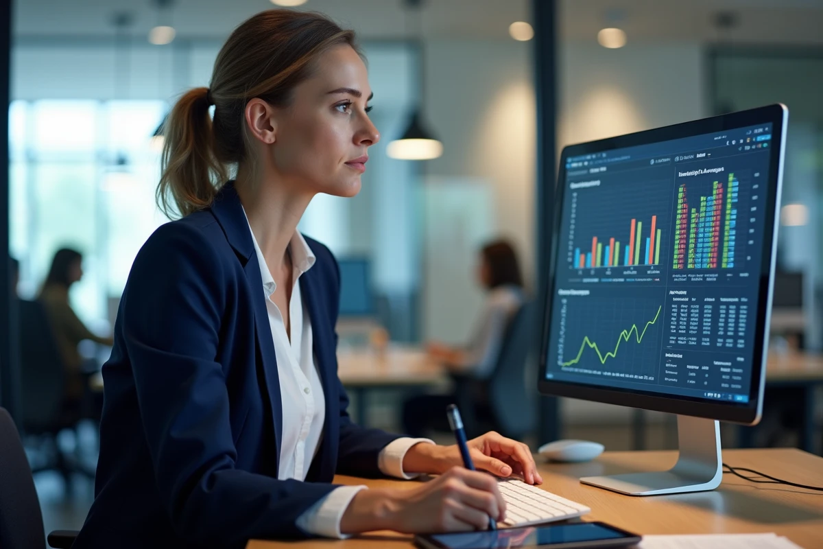 Femme analyste assise à son bureau consultant un tableau Excel de moyenne pondérée pour l'analyse des ventes