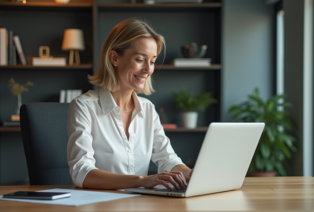 Femme au bureau utilisant une base de données Access
