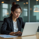 Femme en blazer analysant des graphiques numériques au bureau