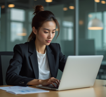 Femme en blazer analysant des graphiques numériques au bureau