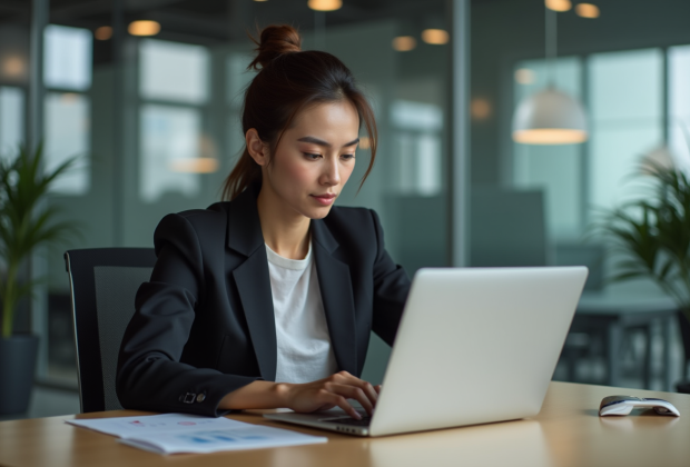 Femme en blazer analysant des graphiques numériques au bureau