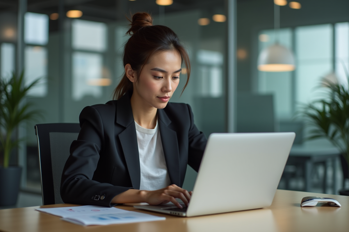 Femme en blazer analysant des graphiques numériques au bureau