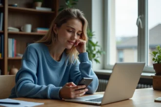 Femme en bureau à domicile avec ordinateur et smartphone