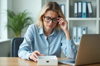 Femme de bureau regardant une corbeille de courrier vide avec une expression perplexe, problème de réception de courrier PIX