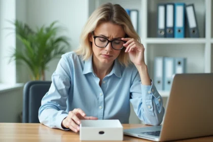 Femme de bureau regardant une corbeille de courrier vide avec une expression perplexe, problème de réception de courrier PIX
