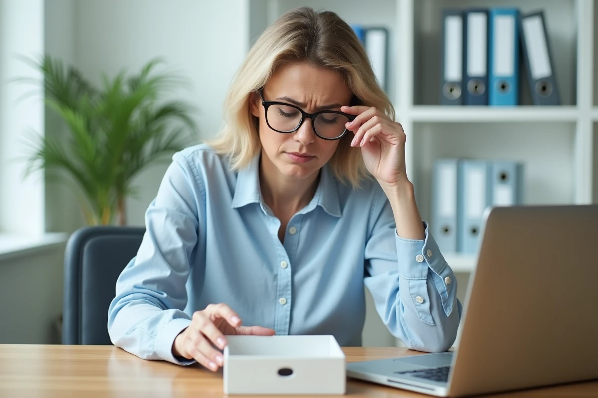 Femme de bureau regardant une corbeille de courrier vide avec une expression perplexe, problème de réception de courrier PIX