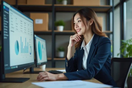 Femme professionnelle regardant un tableau de bord d'expédition