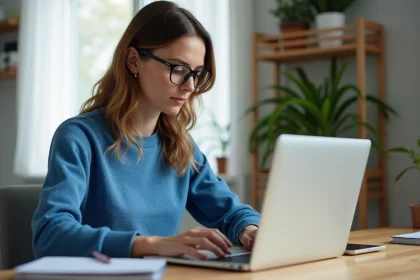 Femme travaillant sur son ordinateur dans un bureau lumineux