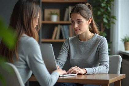 Jeune femme au bureau compare logiciels juridiques