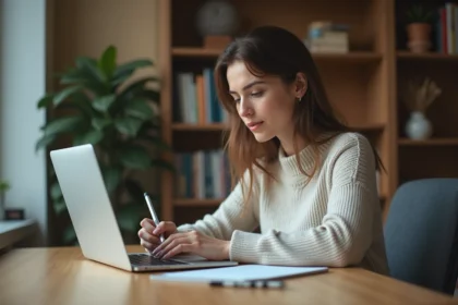 Jeune femme au bureau compare notes papier et numérique