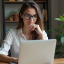 Jeune femme en bureau moderne travaillant sur un ordinateur portable
