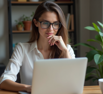 Jeune femme en bureau moderne travaillant sur un ordinateur portable